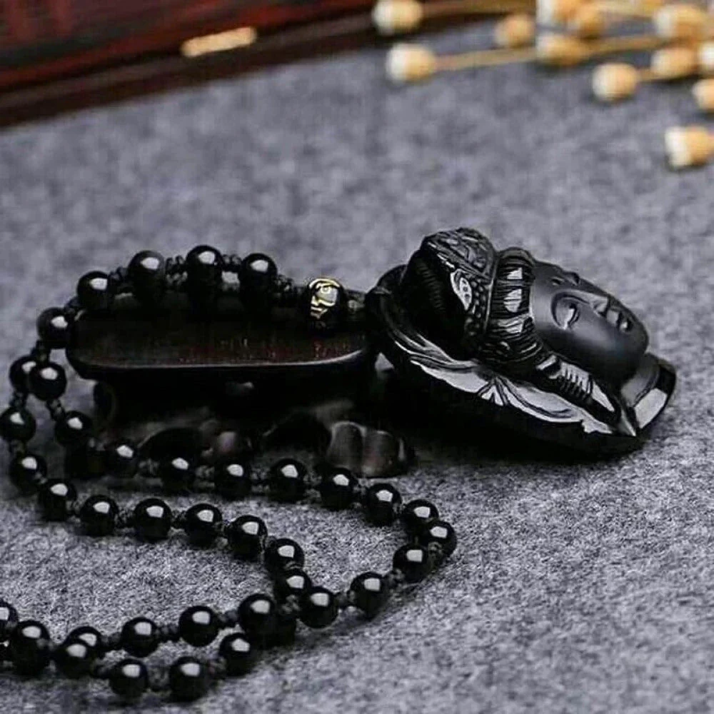 Black Buddha Obsidian Stone Necklace - Image 3