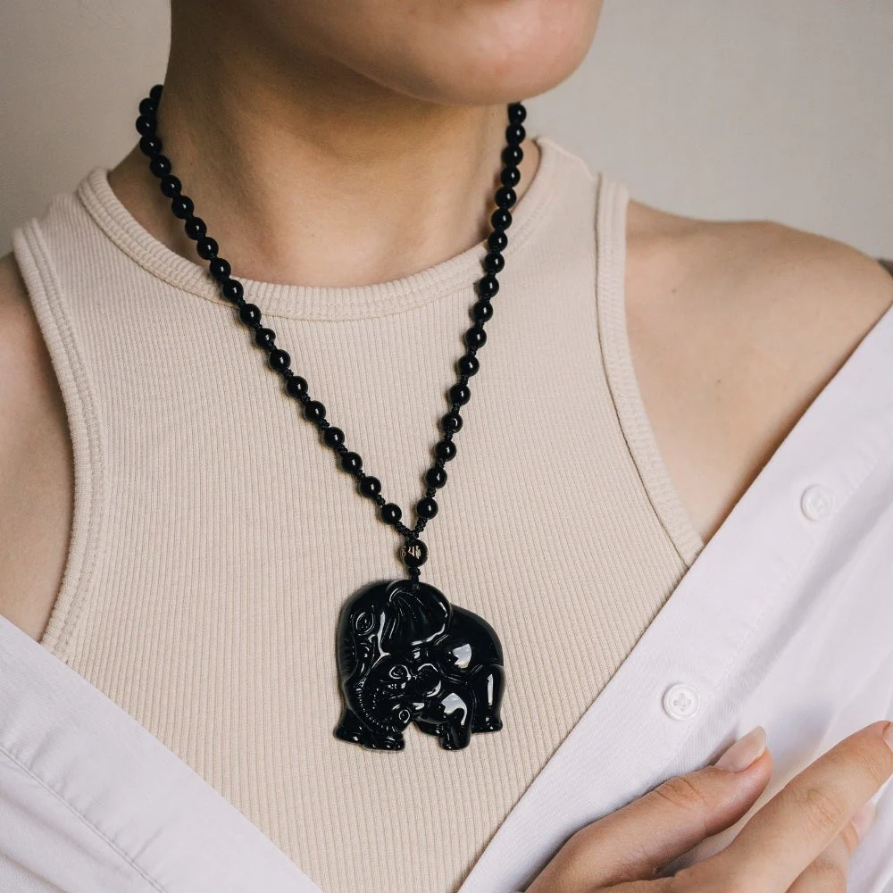 Elephant Charm Black Obsidian Crystal Necklace - Image 2