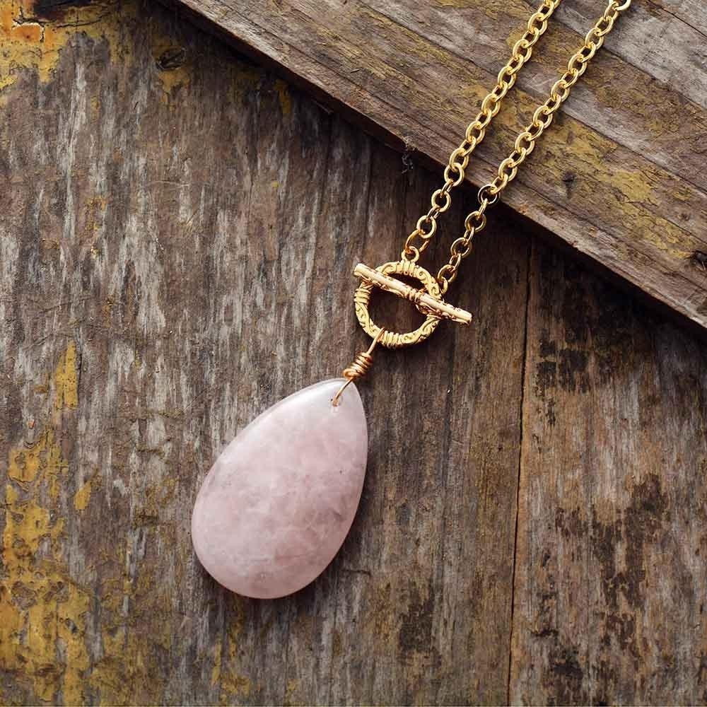 Golden Chain Necklace with Rose Quartz Stone - Image 3