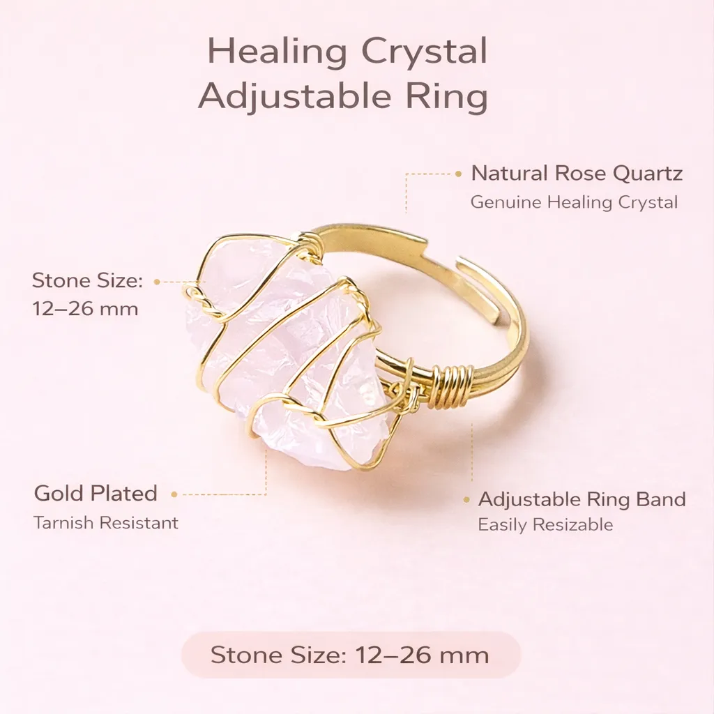 Healing Crystal Adjustable Ring — Natural Gemstone Statement Jewelry - Image 11
