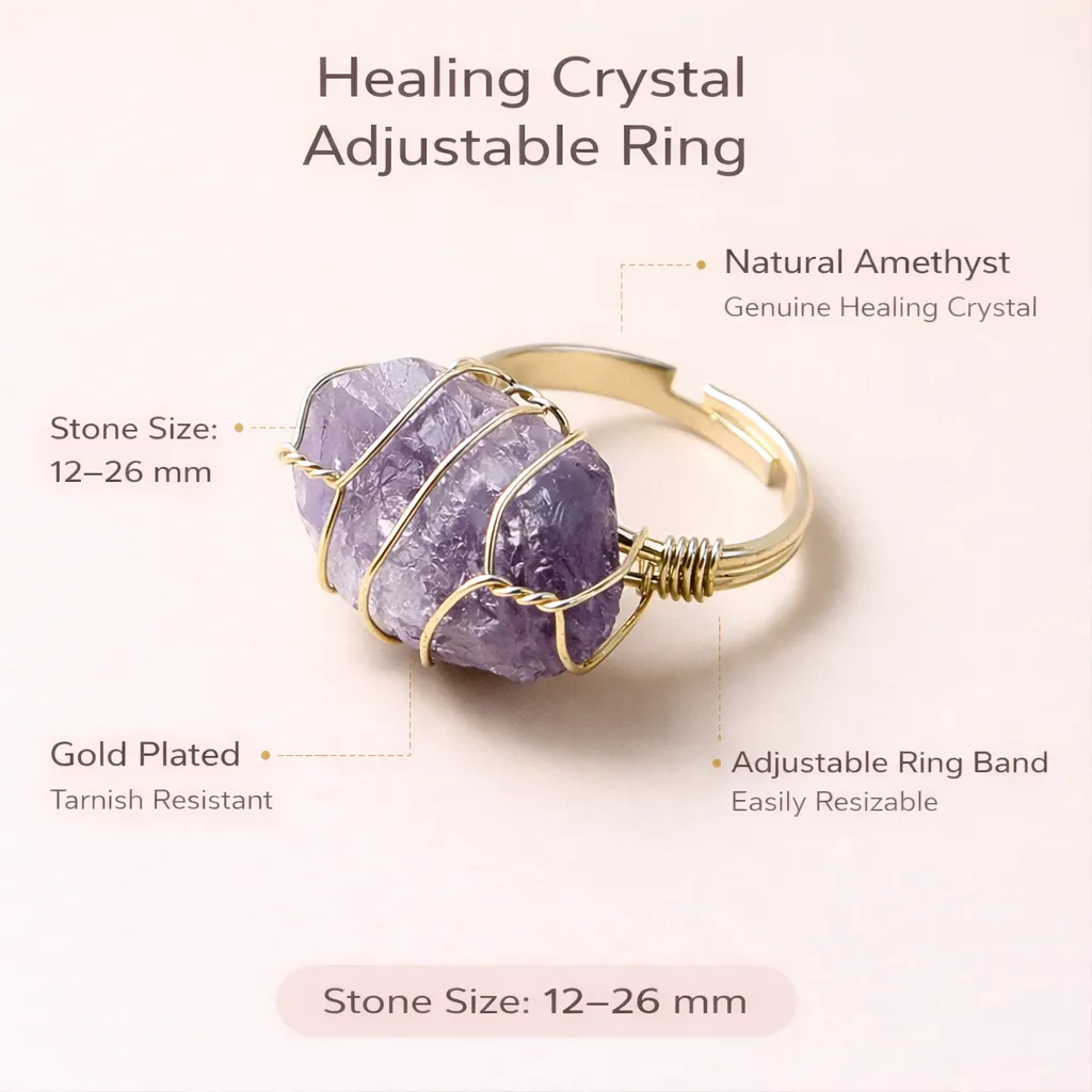 Healing Crystal Adjustable Ring — Natural Gemstone Statement Jewelry - Image 14