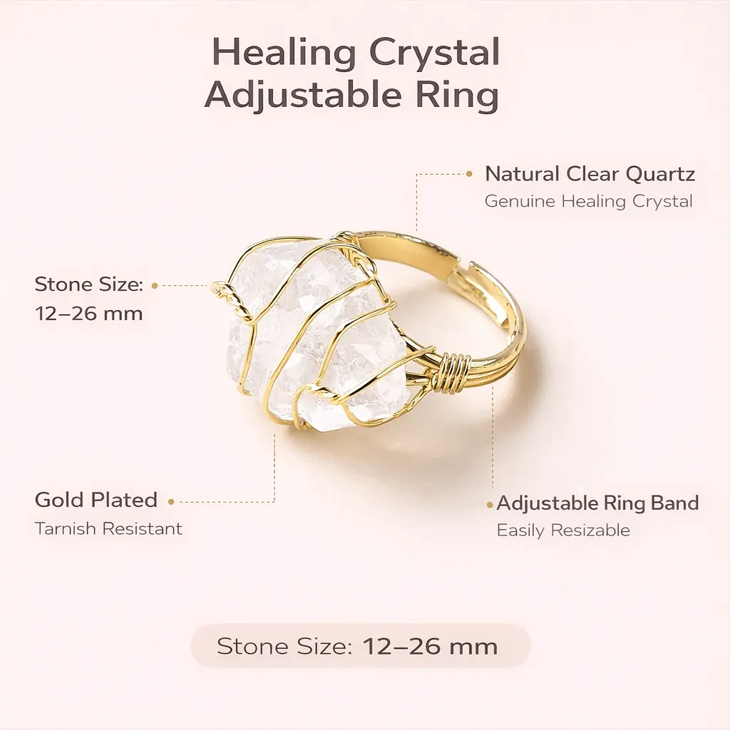 Healing Crystal Adjustable Ring — Natural Gemstone Statement Jewelry - Image 4