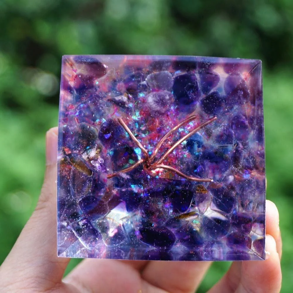 Kyanite Tree of Life Amethyst Orgonite Pyramid - Image 4