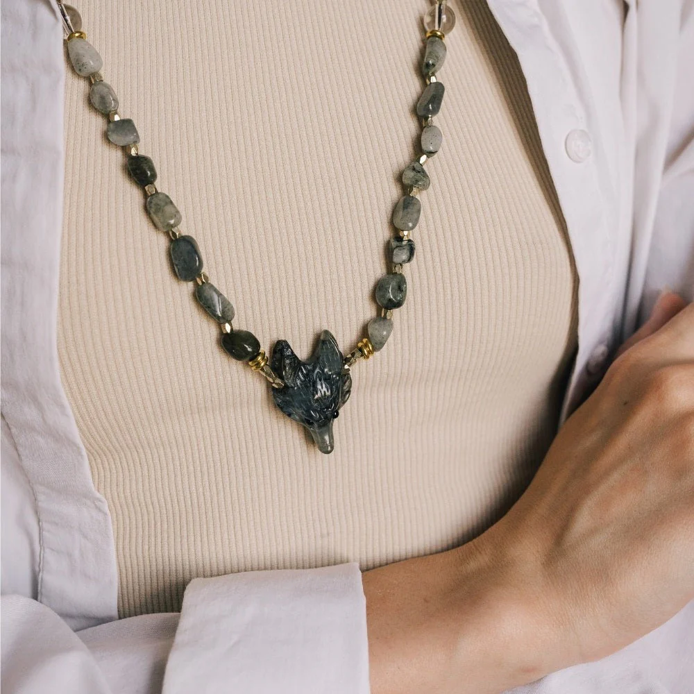 Labradorite Crystal Wolf Beaded Necklace - Image 3