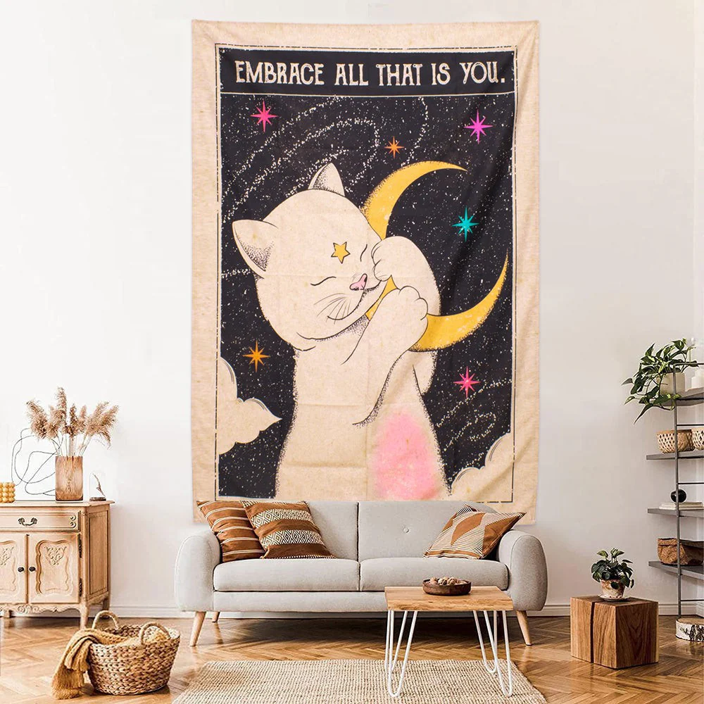 Mystical Dreaming Cat Tarot Wall Tapestry - Boho Decor - Image 2