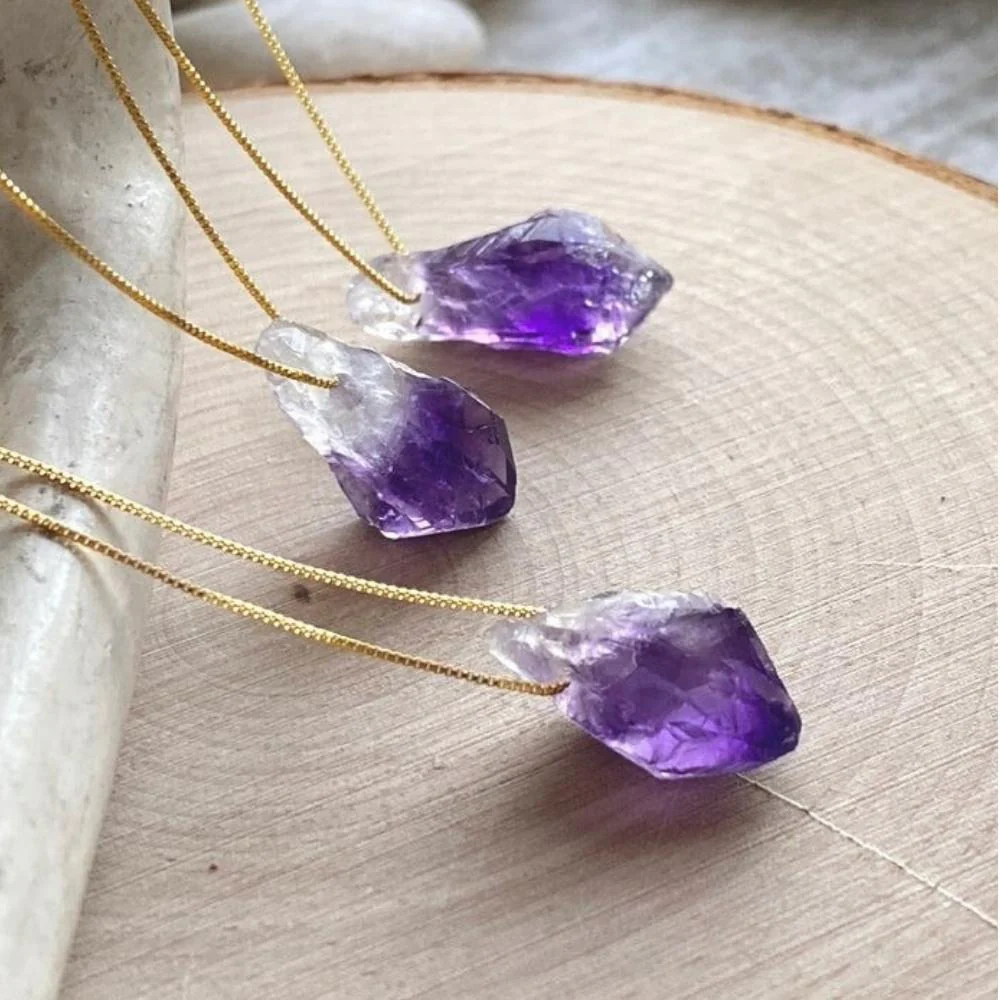 Raw Amethyst Purple Crystal Necklace With Golden Chain - Image 2