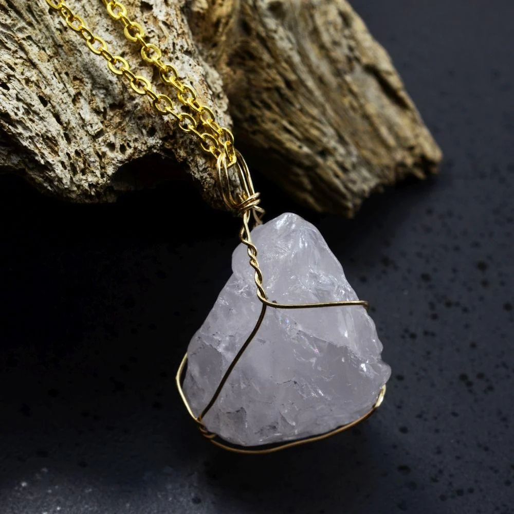 Raw Rose Quartz Golden Wire Necklace - Image 4