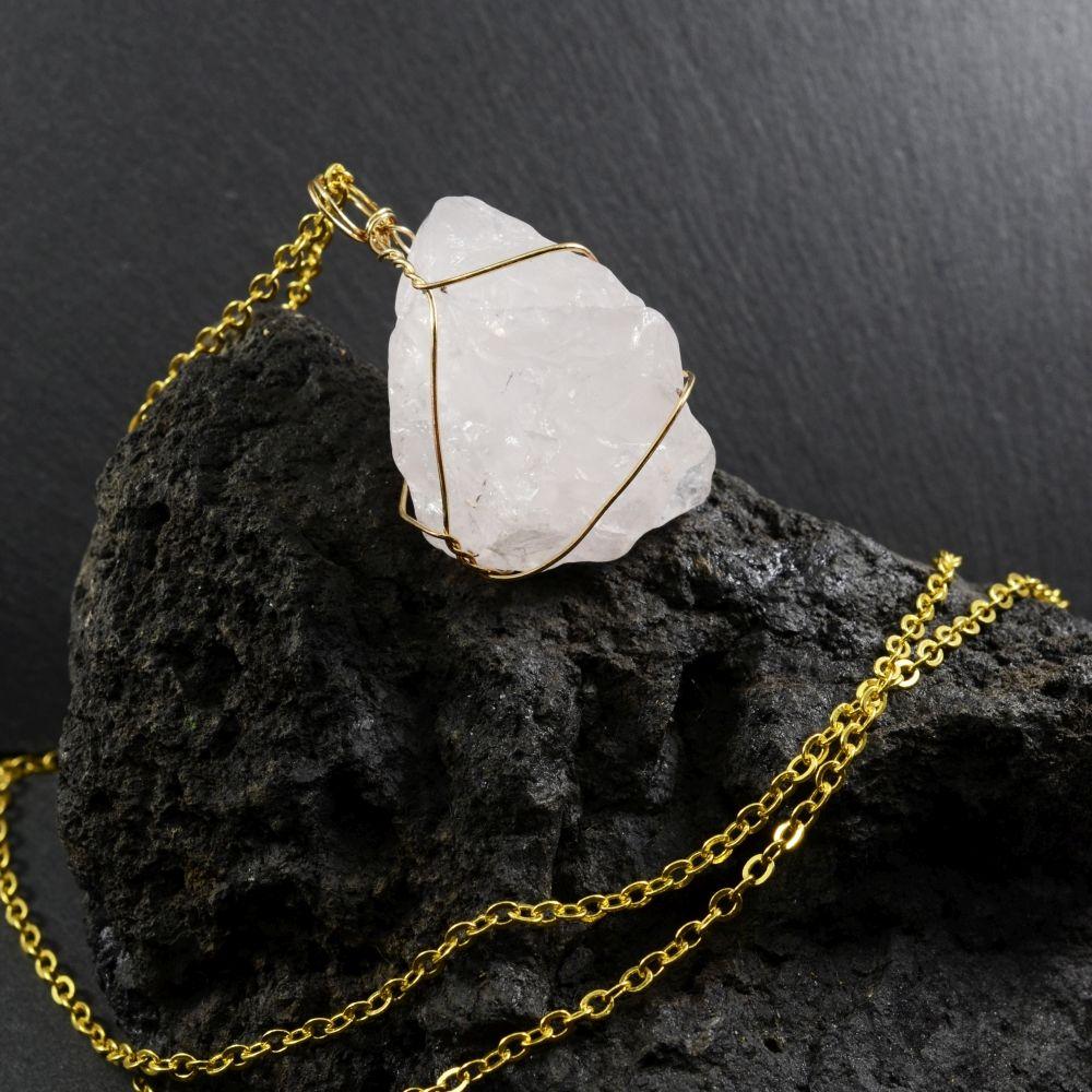 Raw Rose Quartz Golden Wire Necklace - Image 5
