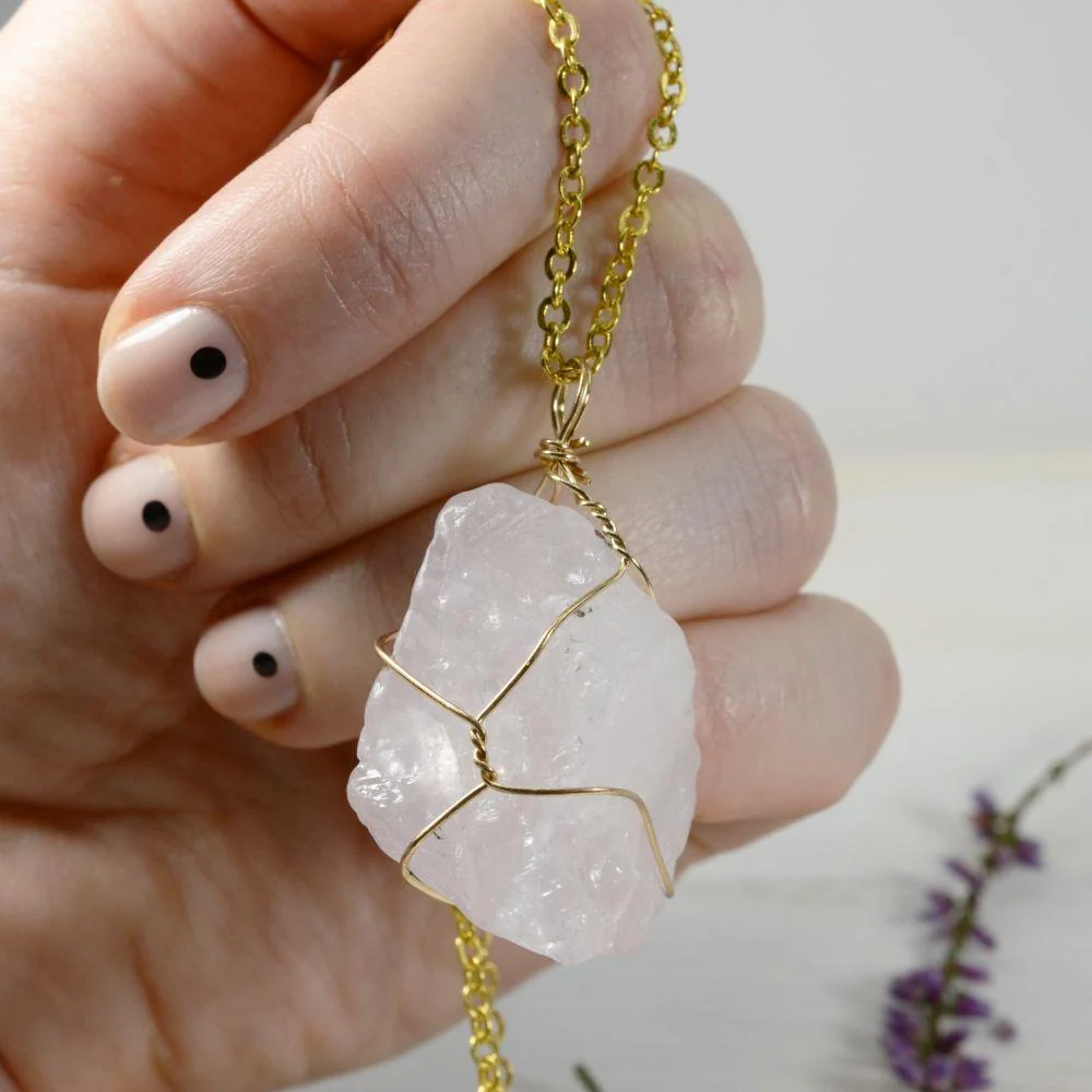 Raw Rose Quartz Golden Wire Necklace - Image 8