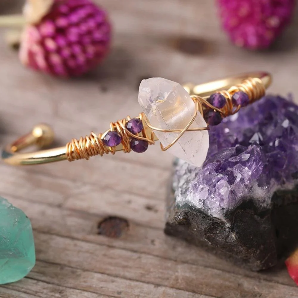 White Quartz Wire Wrap Golden Copper Bracelet - Image 2