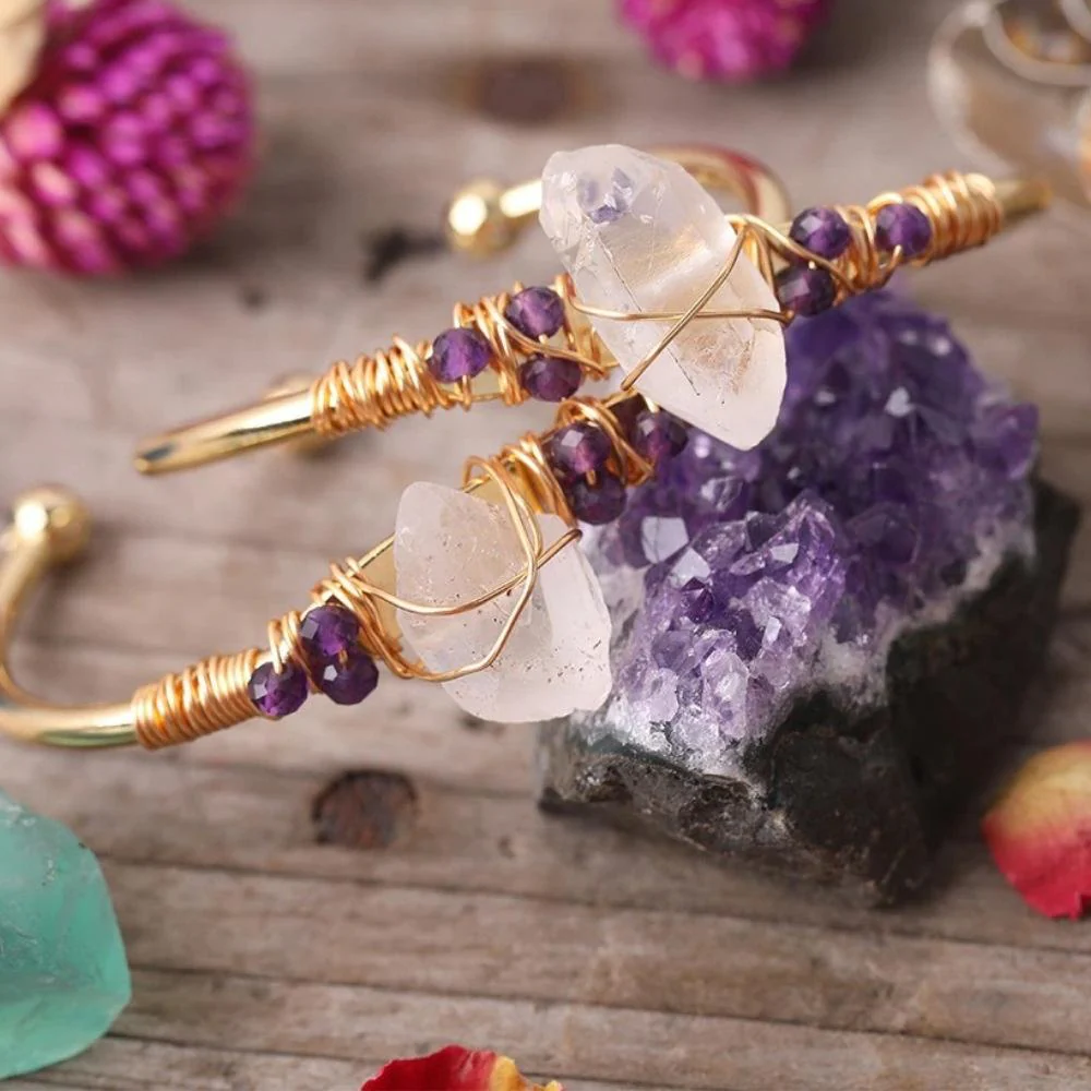 White Quartz Wire Wrap Golden Copper Bracelet - Image 4