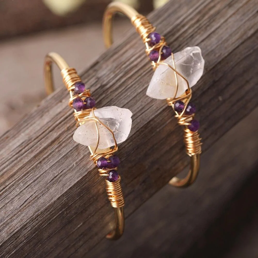 White Quartz Wire Wrap Golden Copper Bracelet - Image 5